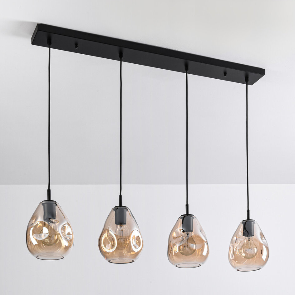 Nowoczesna szklana lampa wisząca czarna ze szkłem bursztynowym, 4 światła - Faliste