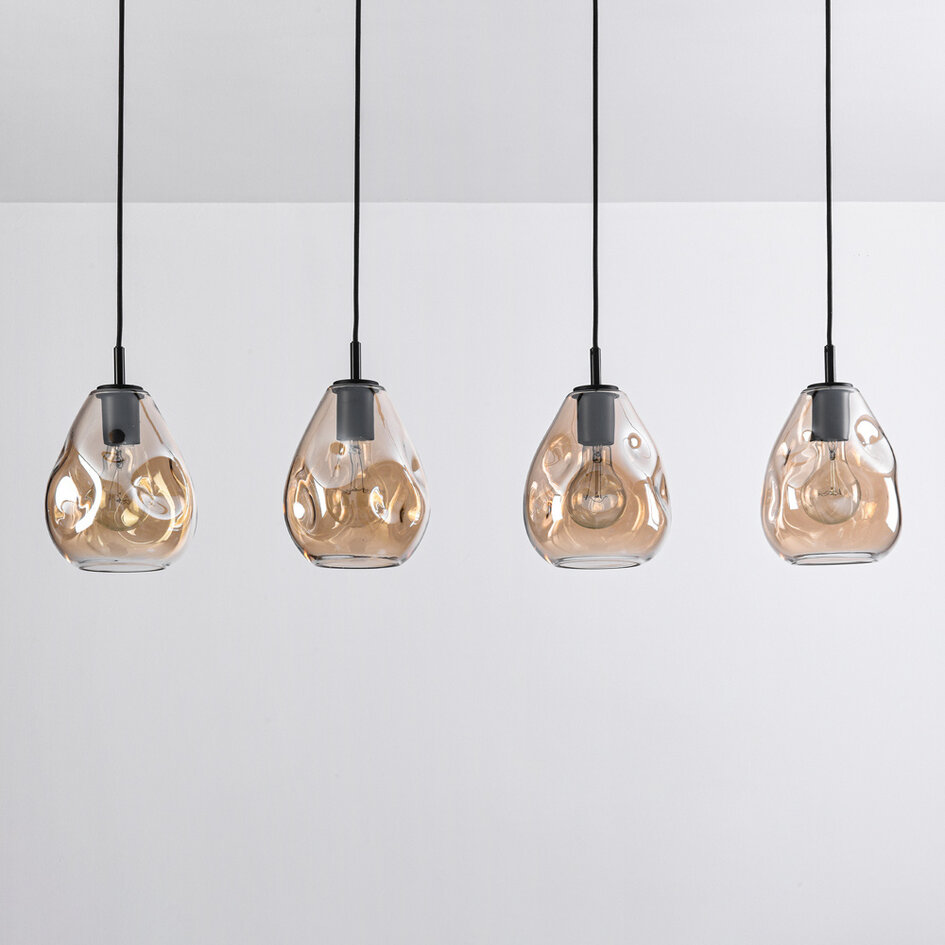 Nowoczesna szklana lampa wisząca czarna ze szkłem bursztynowym, 4 światła - Faliste
