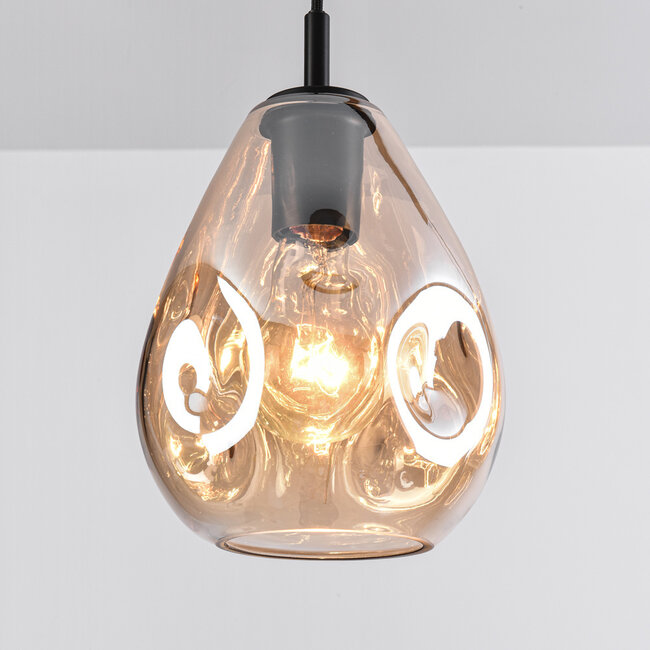 Nowoczesna szklana lampa wisząca czarna ze szkłem bursztynowym, 4 światła - Faliste