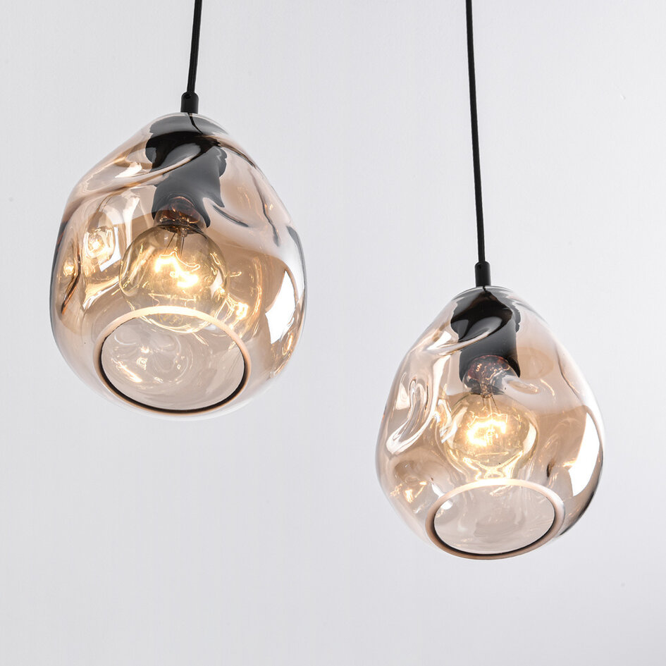 Nowoczesna szklana lampa wisząca czarna ze szkłem bursztynowym, 4 światła - Faliste
