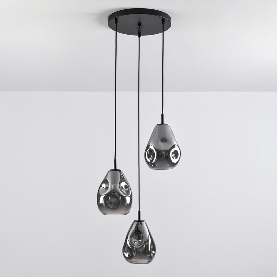 Design lampa wisząca czarna ze szkłem przydymionym, 3 światła - Lainas