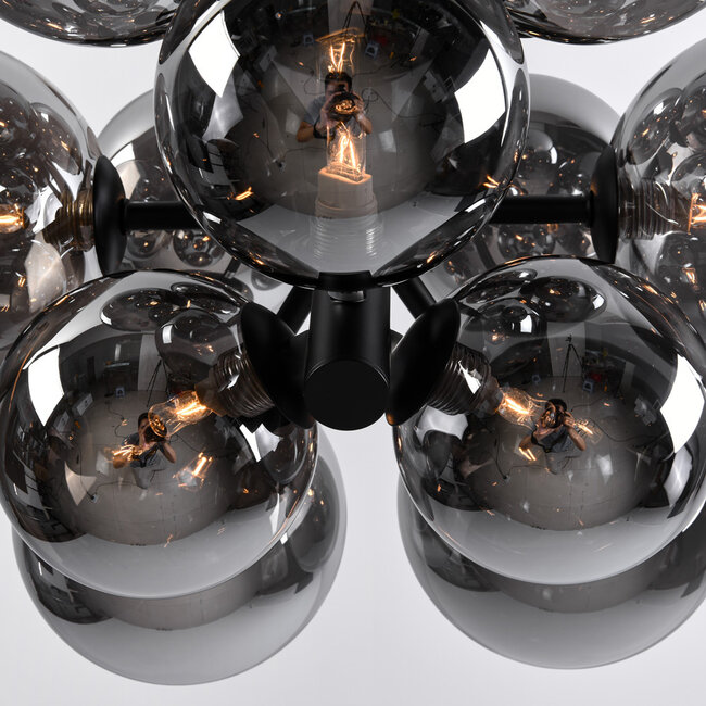 Designerska lampa wisząca czarna ze szkłem dymionym, 12-światło - Decadi