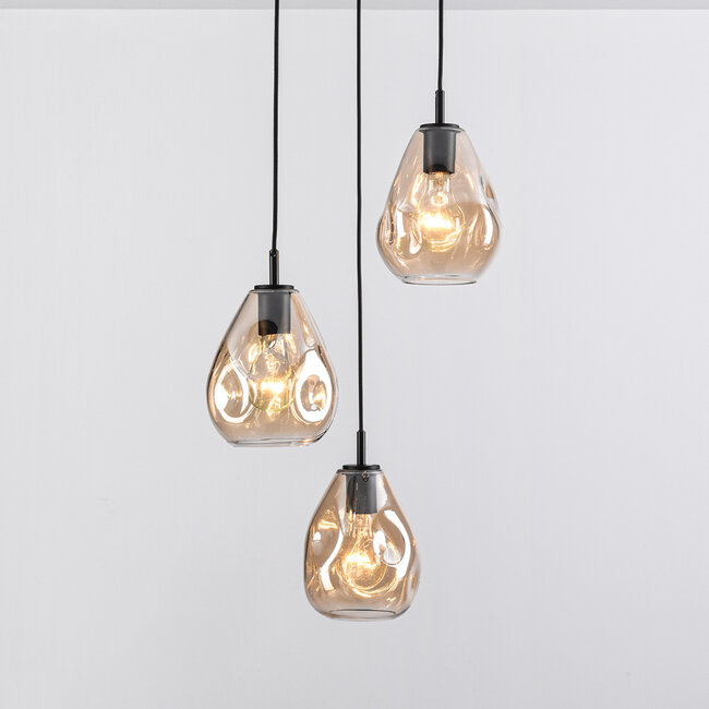 Design czarna lampa wisząca ze szkłem bursztynowym, 3 światła - Lainas