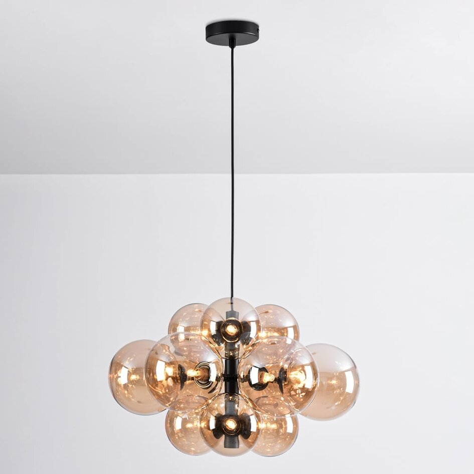Lampa wisząca 12-światło czarne ze szkłem bursztynowym - Decadi