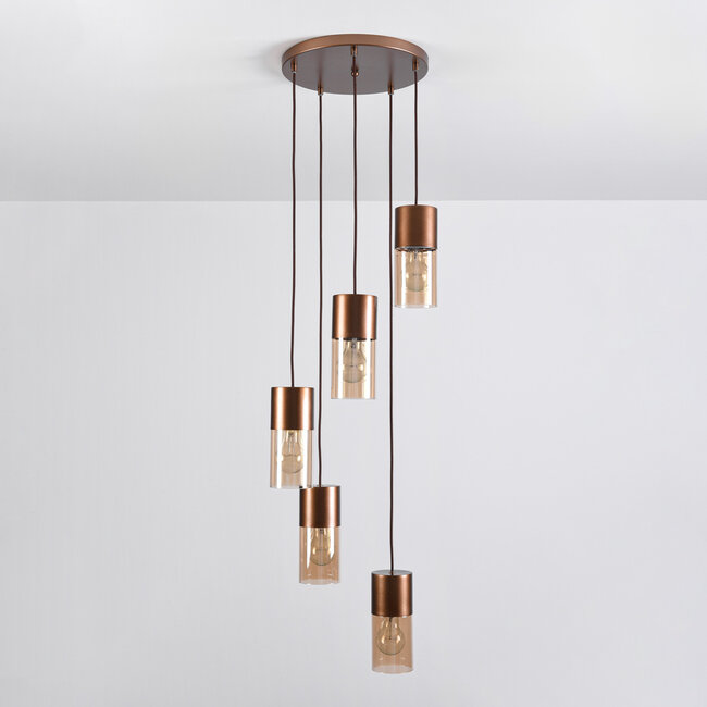 5 światła design lampa wisząca kawowy brąz ze szkłem bursztynowym - Cortado