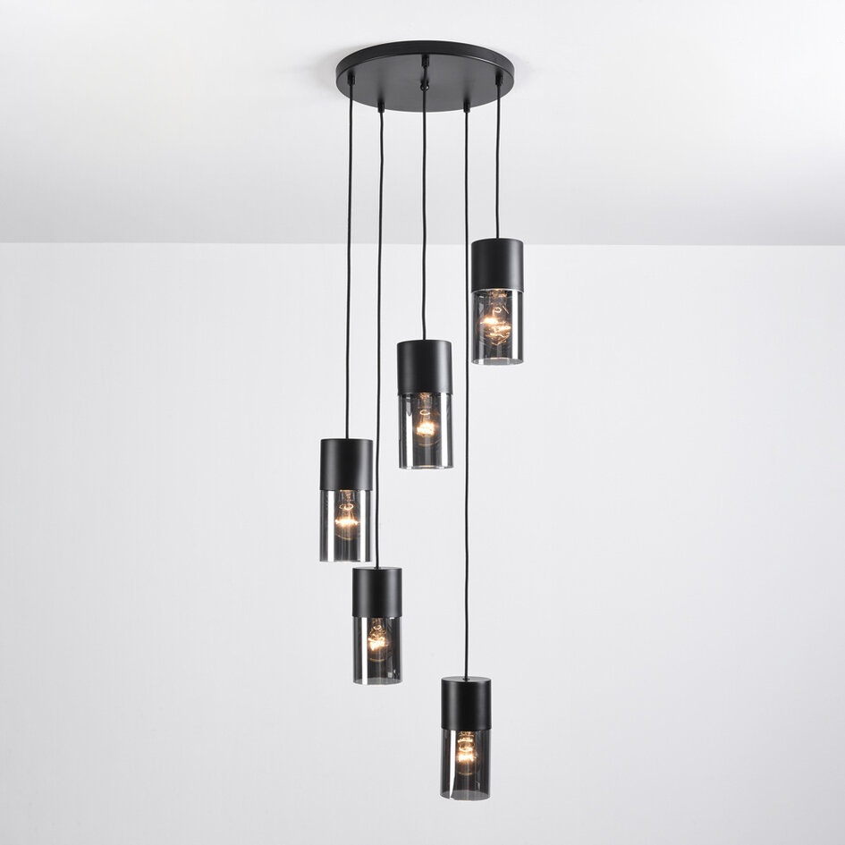 Industrialna lampa wisząca czarna ze szkłem dymionym, 5 światła - Cortado