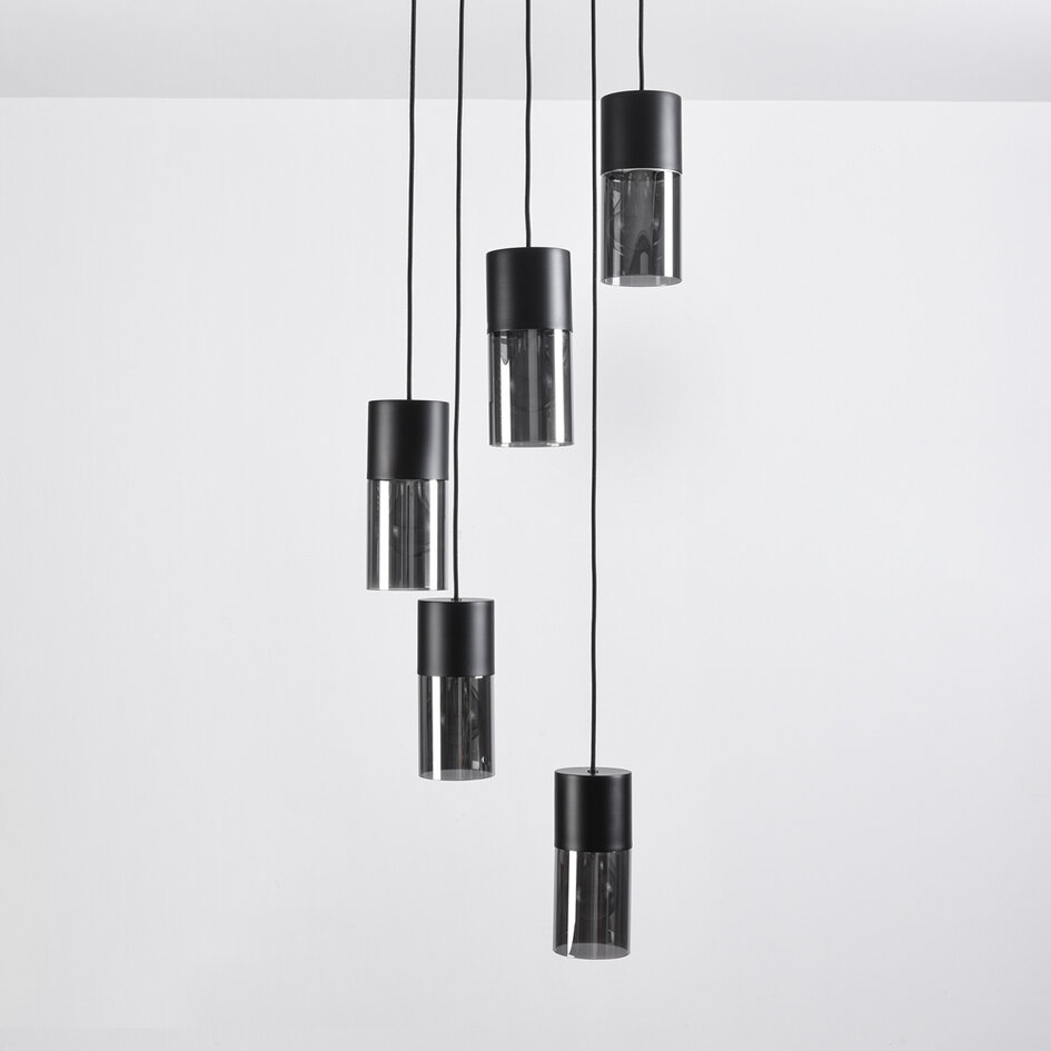 Industrialna lampa wisząca czarna ze szkłem dymionym, 5 światła - Cortado