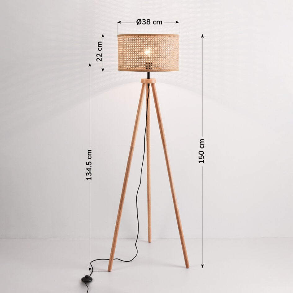 Drewniana lampa podłogowa trójnóg z kloszem rattanowym - Vime