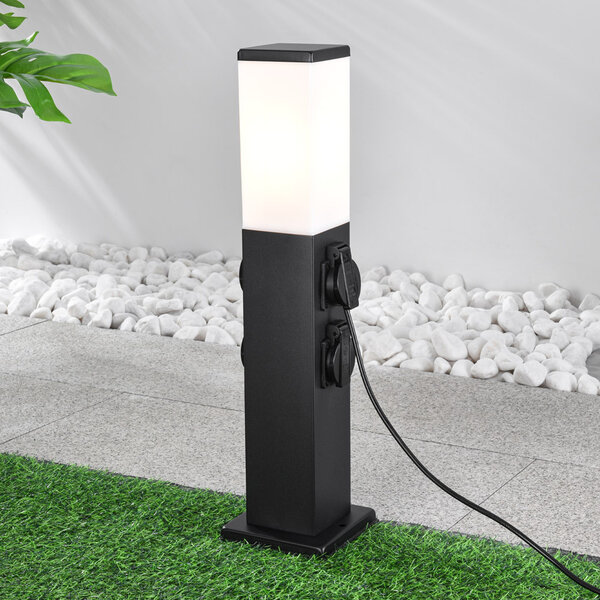 Zewnętrzne gniazdko ze stali nierdzewnej z lampą Jardin - kwadratowe z 4 gniazdkami