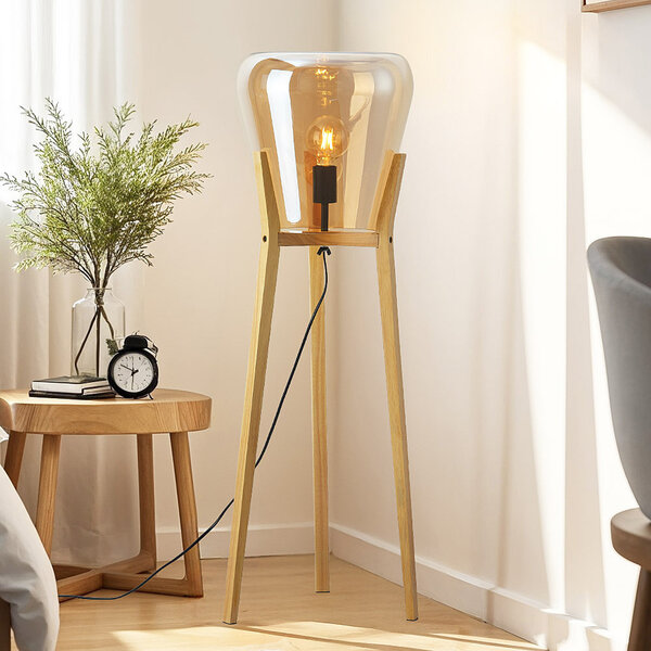Lampa podłogowa Ditta z drewna ze szkłem bursztynowym