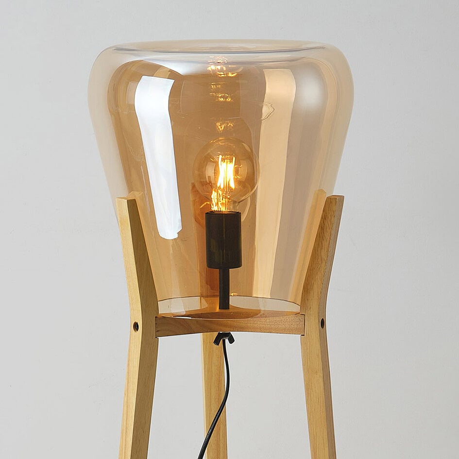 Lampa podłogowa Ditta – drewno z bursztynowym szkłem