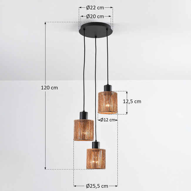 3 światła Boho lampa wisząca Canico z liny