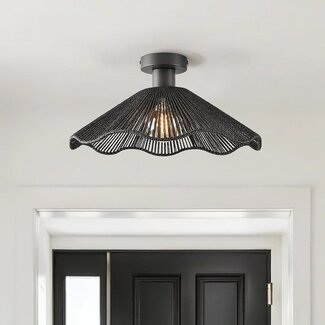 Lampa sufitowa Carta w stylu boho-chic, czarna z sznurkiem, Ø40 cm