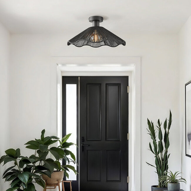 Lampa sufitowa Carta w stylu boho-chic, czarna z sznurkiem, Ø40 cm