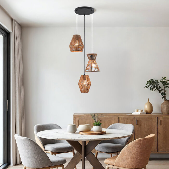 Lampa wisząca boho z plecionym sznurem, 3 światła - Tiga