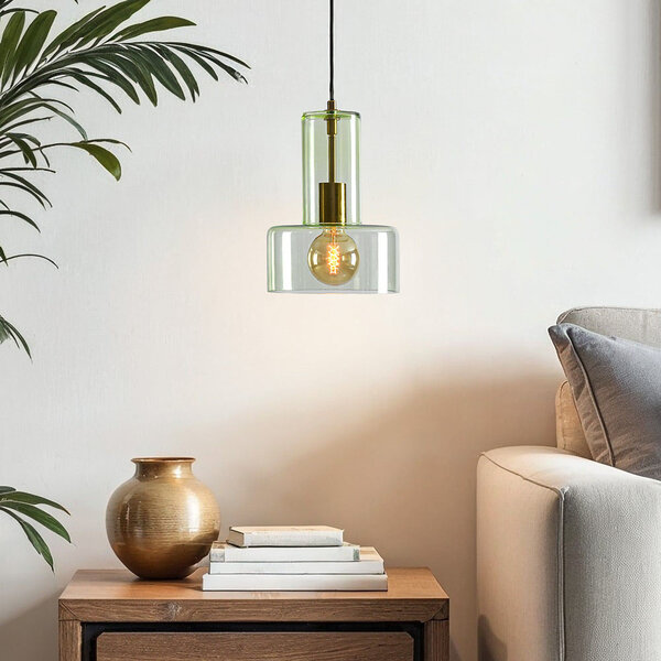 Lampa wisząca Rurka złota z zielonym szkłem