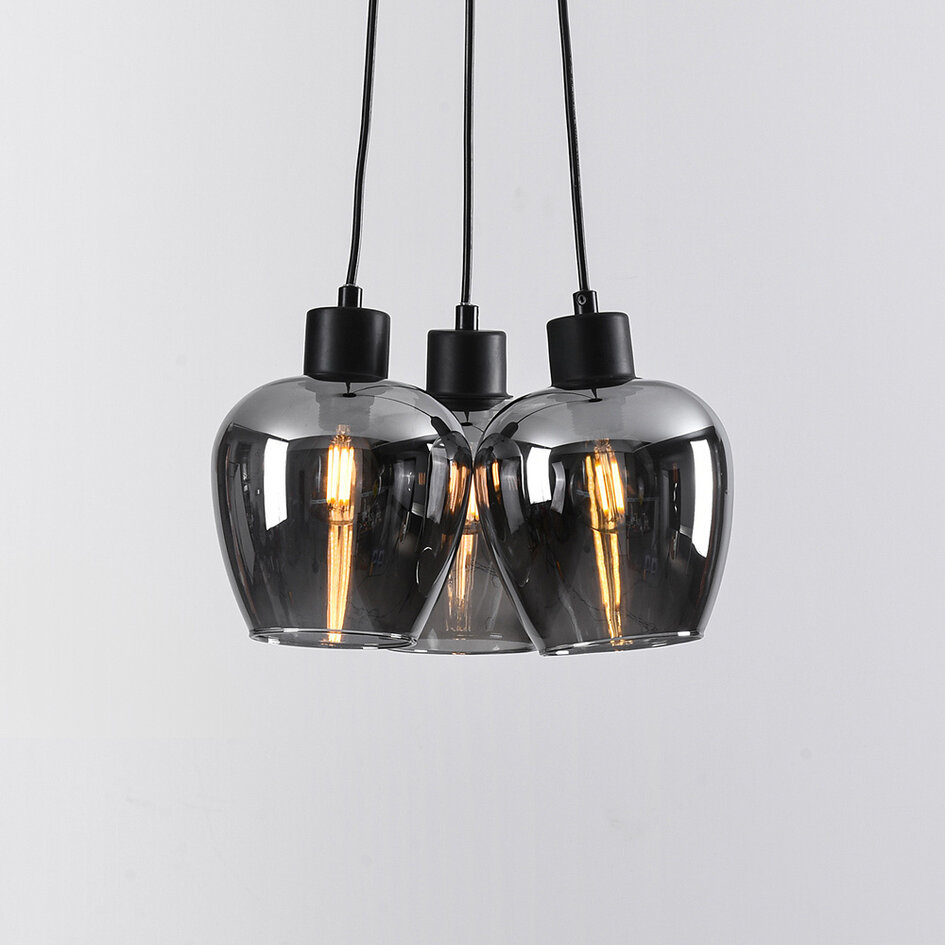 Design czarna lampa wisząca Ventura z przydymionym szkłem, 3 światła