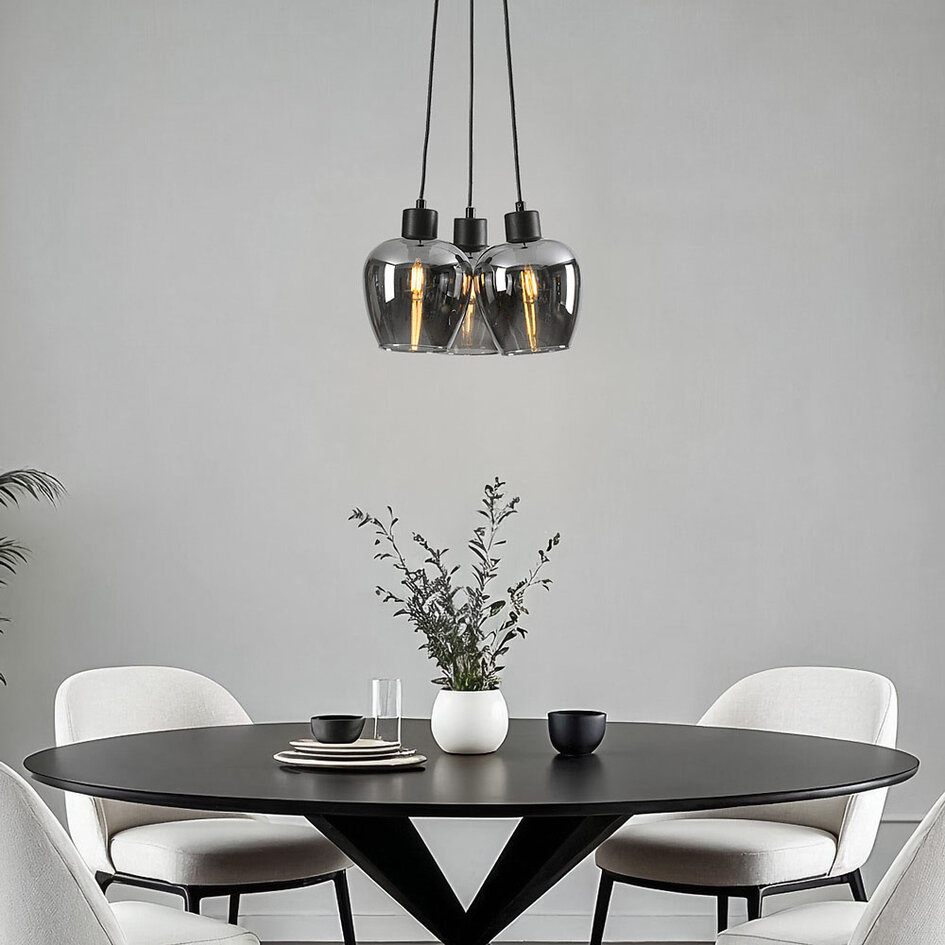 Design czarna lampa wisząca Ventura z przydymionym szkłem, 3 światła