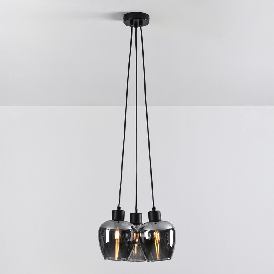 Design czarna lampa wisząca Ventura z przydymionym szkłem, 3 światła