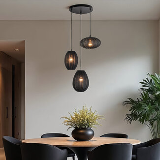 3 światła lampa wisząca Japandi z czarnymi lampionami z tkaniny - Fabrica