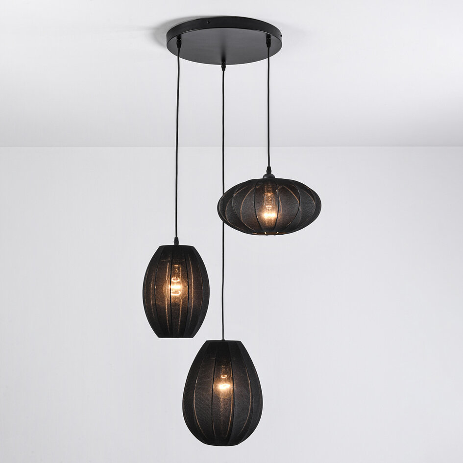 3 światła lampa wisząca Japandi z czarnymi lampionami z tkaniny - Fabrica
