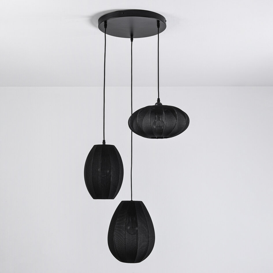 3 światła lampa wisząca Japandi z czarnymi lampionami z tkaniny - Fabrica