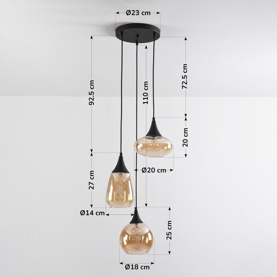 Nowoczesna lampa wisząca ze szkłem bursztynowym, 3 światła - Loua