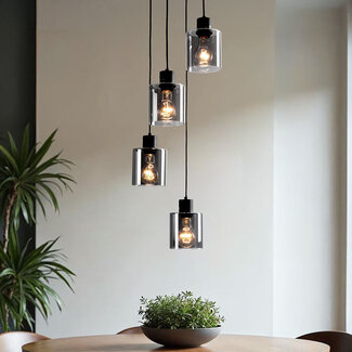 Design lampa wisząca Pella, 4 światła - czarna ze szkłem przydymionym