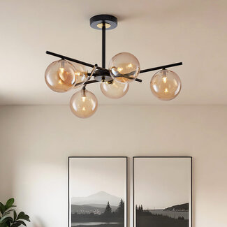 Lampa sufitowa Venezia czarna ze szkłem bursztynowym, 6 światła