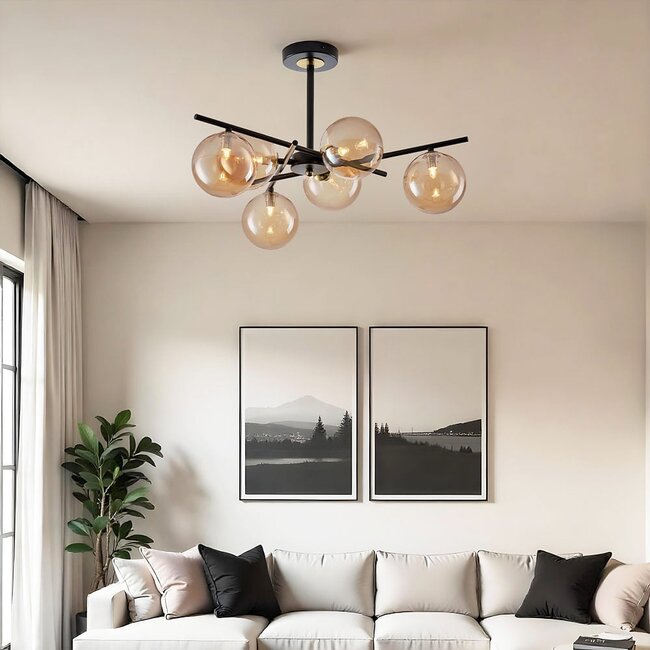 Lampa sufitowa Venezia czarna ze szkłem bursztynowym, 6 światła