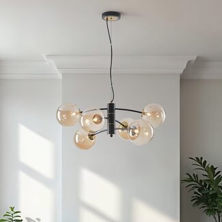 Lampa wisząca Murano ze szkłem bursztynowym, 6-światło - czarne