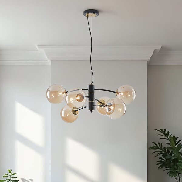 Lampa wisząca Murano ze szkłem bursztynowym, 6-światło - czarne