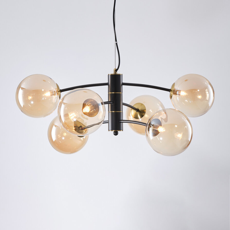 Lampa wisząca Murano ze szkłem bursztynowym, 6-światło - czarne