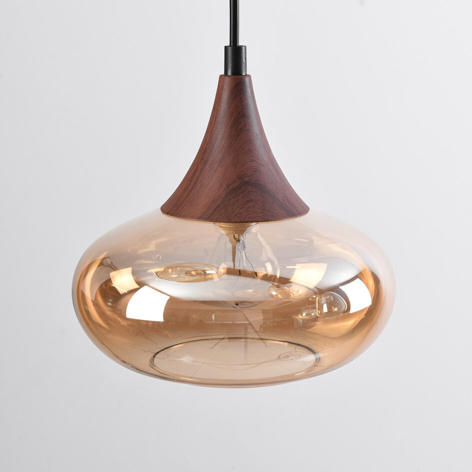Lampa wisząca ze szkłem bursztynowym i ciemną imitacją drewna, 6 świateł - Loic