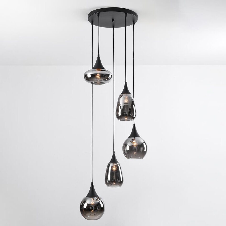 Czarna lampa wisząca Loua z przydymionym szkłem, 5 światła