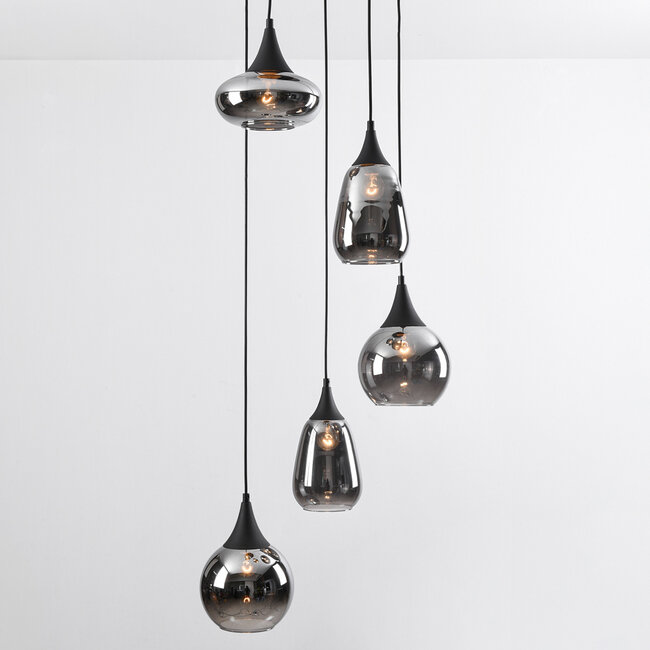 Czarna lampa wisząca Loua z przydymionym szkłem, 5 światła