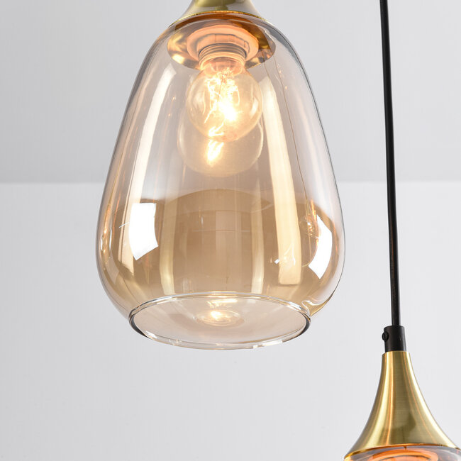 Lampa wisząca złota ze szkłem bursztynowym, 6 światła - Loic