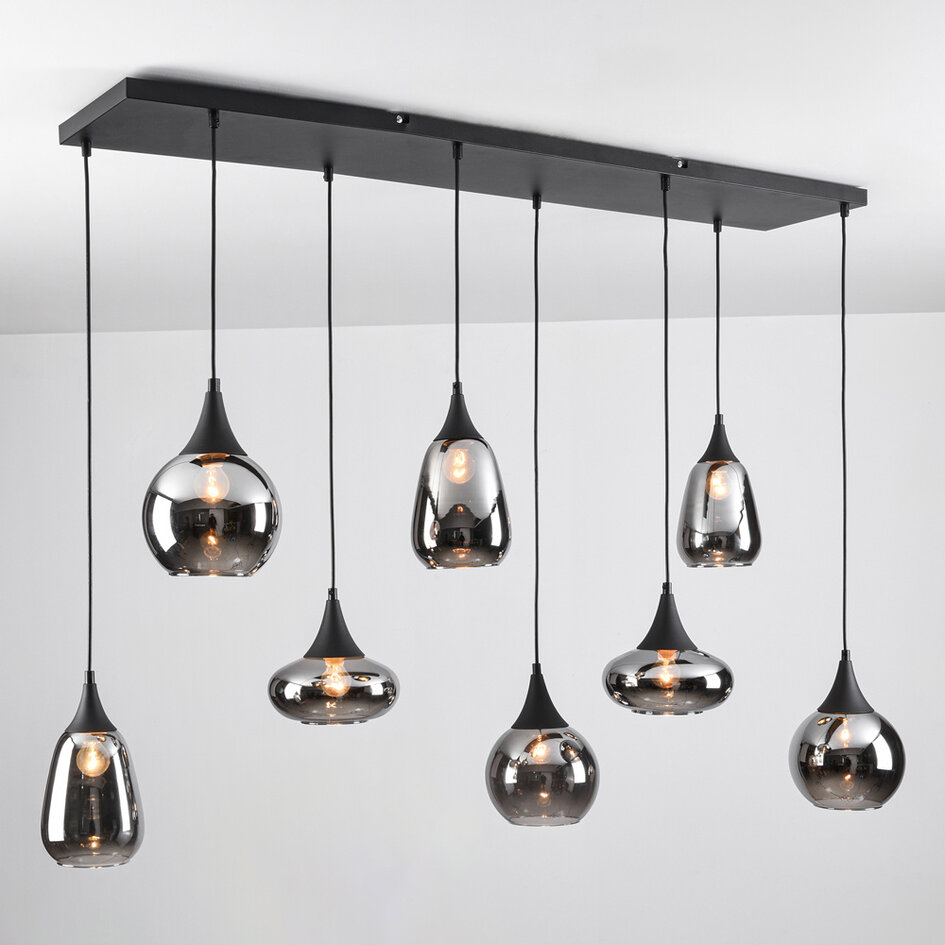 Lampa wisząca czarna z przydymionym szkłem, 8-światło - Loic