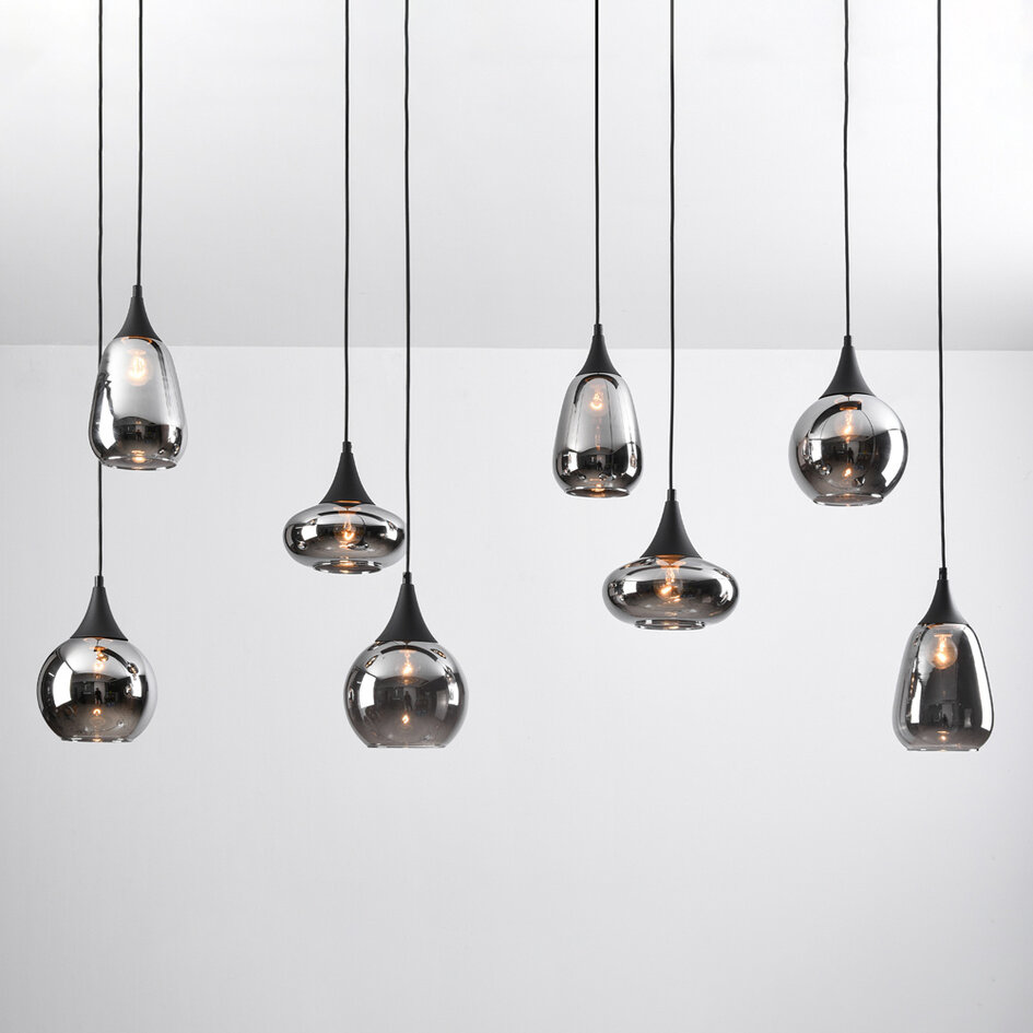 Lampa wisząca czarna z przydymionym szkłem, 8-światło - Loic