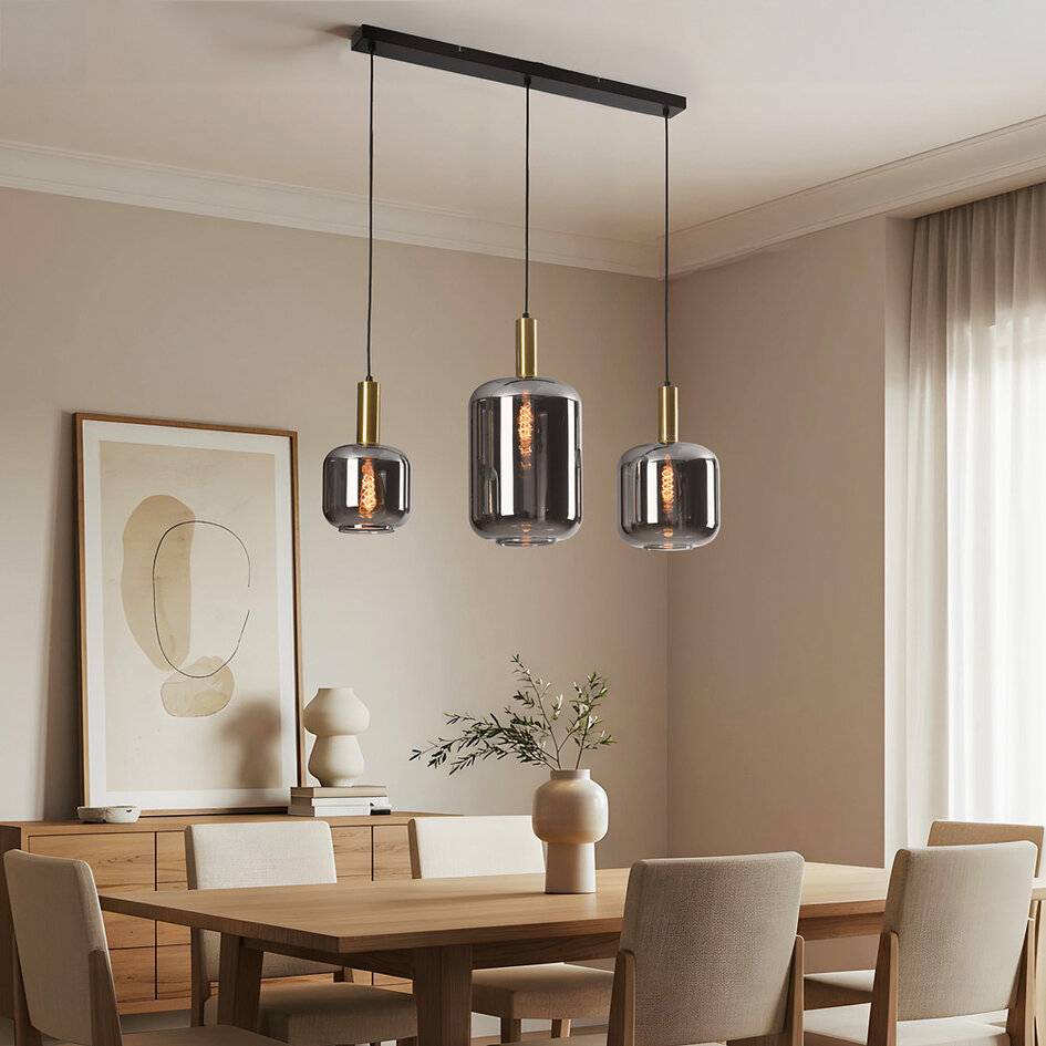 3 światła czarna ze złotą lampa wisząca Tectos ze szkłem przydymionym