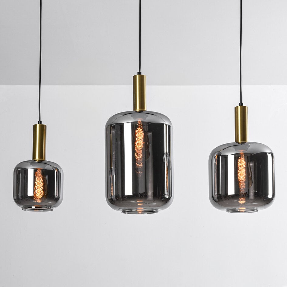 Lampa wisząca Tectos – 3-punktowa, czarno-złota z kulami z dymionego szkła