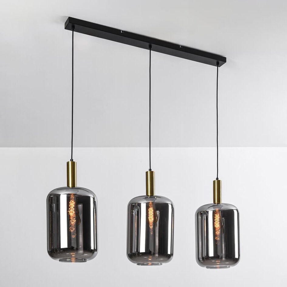 Czarna ze złotymi elementami lampa wisząca z 3 światłami i szkłem dymionym - Teto