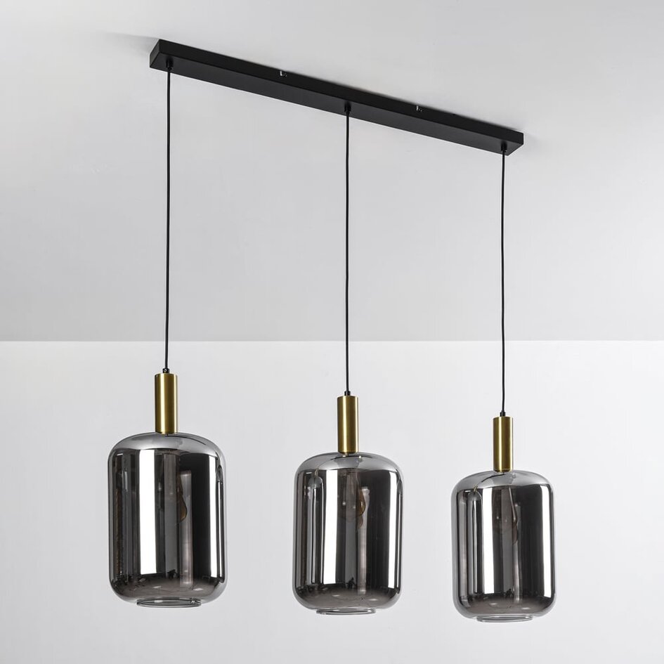 Czarna ze złotymi elementami lampa wisząca z 3 światłami i szkłem dymionym - Teto