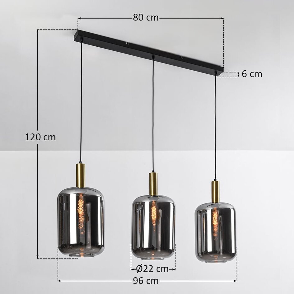 Czarna ze złotymi elementami lampa wisząca z 3 światłami i szkłem dymionym - Teto
