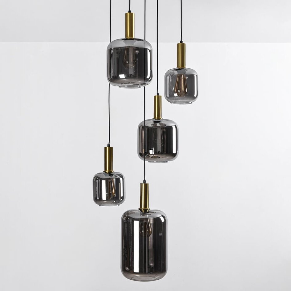 Design lampa wisząca czarna ze szkłem dymionym i złotymi detalami, 5 światła - Cinque
