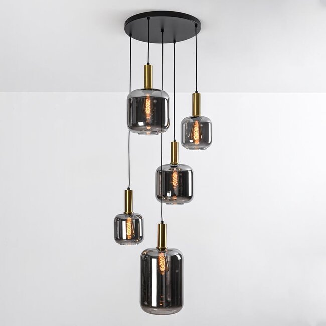Design lampa wisząca czarna ze szkłem dymionym i złotymi detalami, 5 światła - Cinque