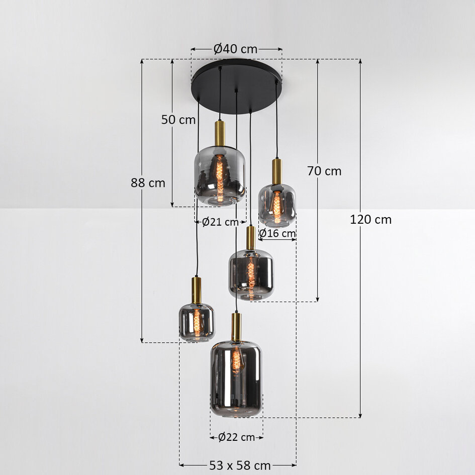 Design lampa wisząca czarna ze szkłem dymionym i złotymi detalami, 5 światła - Cinque