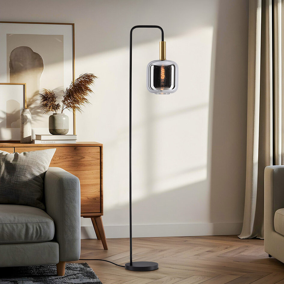 Lampa podłogowa czarna ze szkłem dymionym i złotymi detalami - Piedi