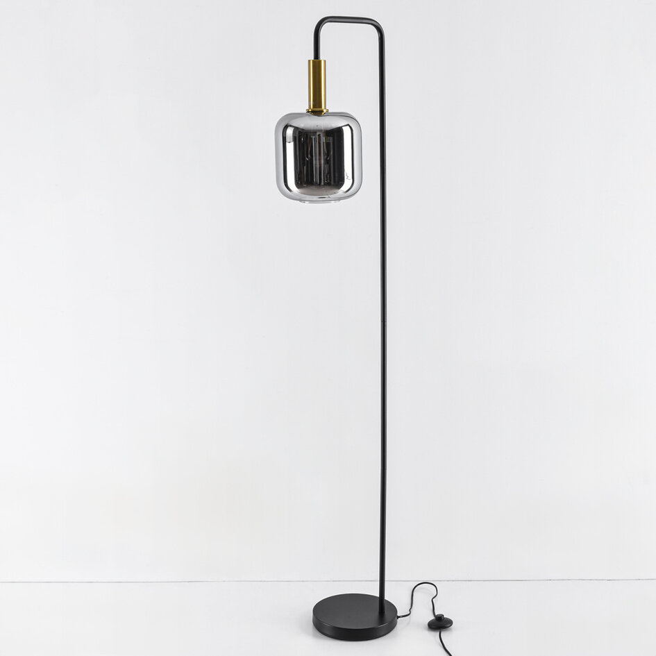 Lampa podłogowa czarna ze szkłem dymionym i złotymi detalami - Piedi