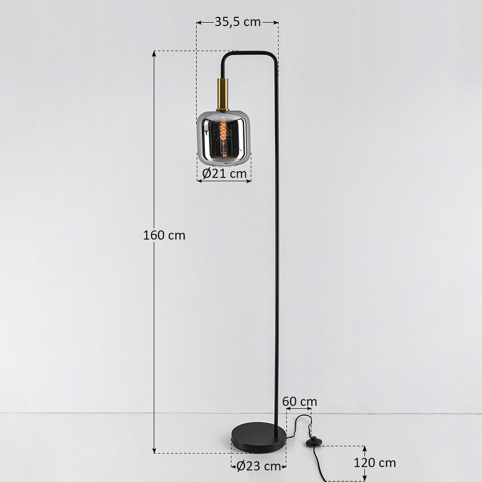 Lampa podłogowa czarna ze szkłem dymionym i złotymi detalami - Piedi